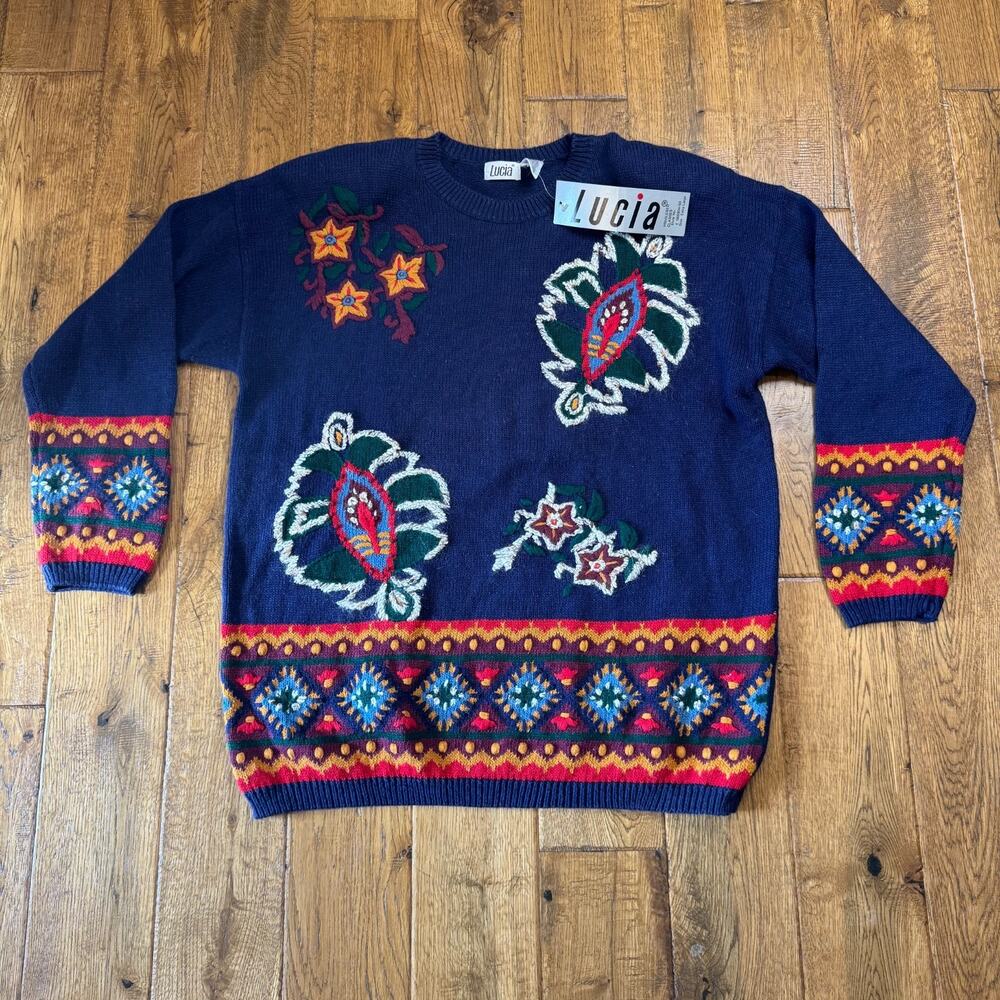 90’s Vintage Lucia Women’s XL Sweater Floral Hand Knitted Geo Tribal Festive
